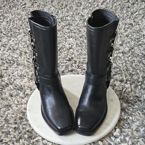 Black Leather Buckle Mid-Calf Women's Boots